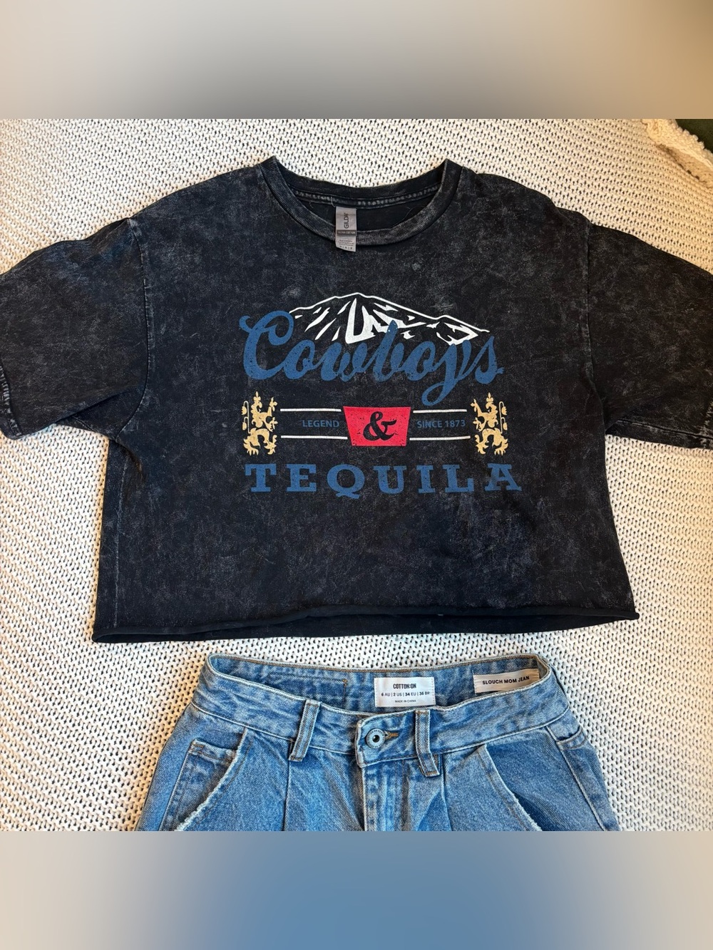 Gildan 100% cotton Cowboys & Tequila Black Graphic Crop Tee -